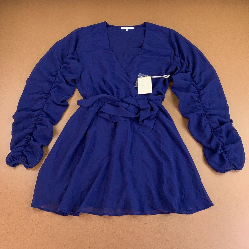Tularosa Women's Size Small Navy Blue Long Ruched Sleeve Mini Wrap Dress NWT